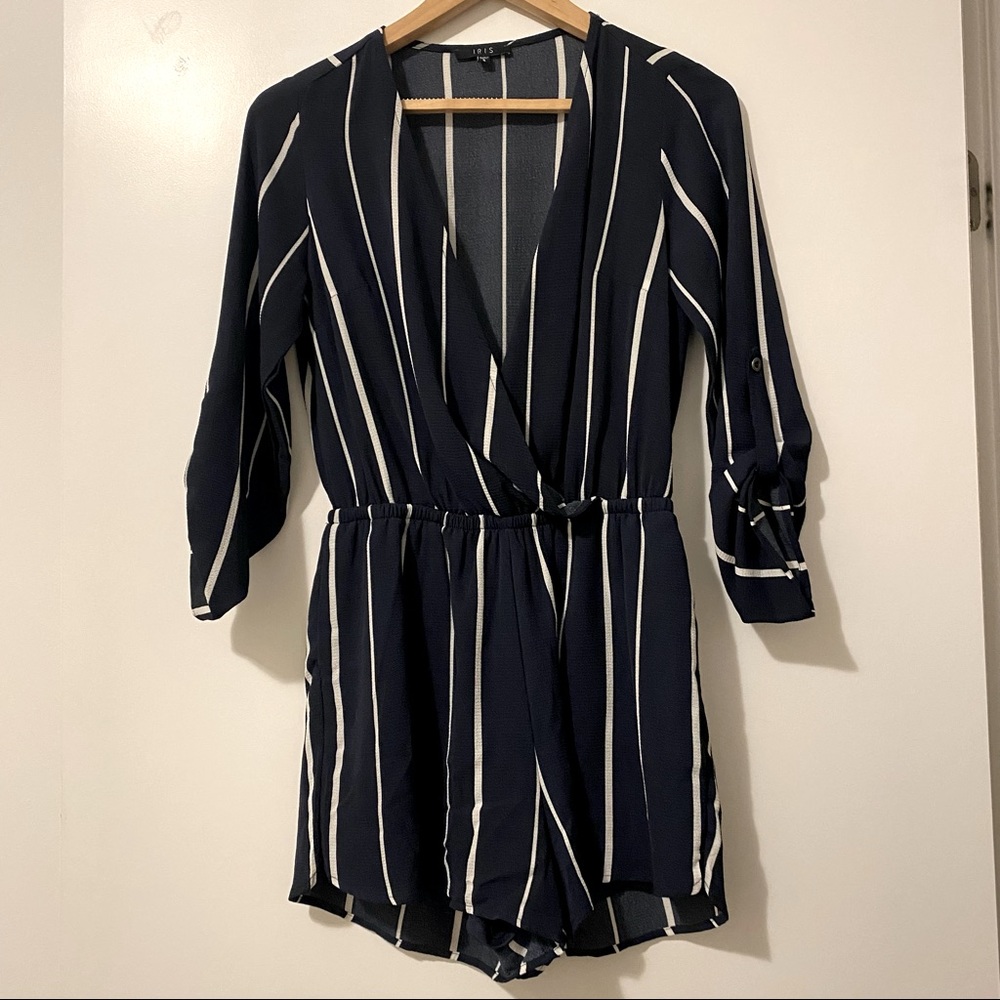 Navy blue & white striped romper